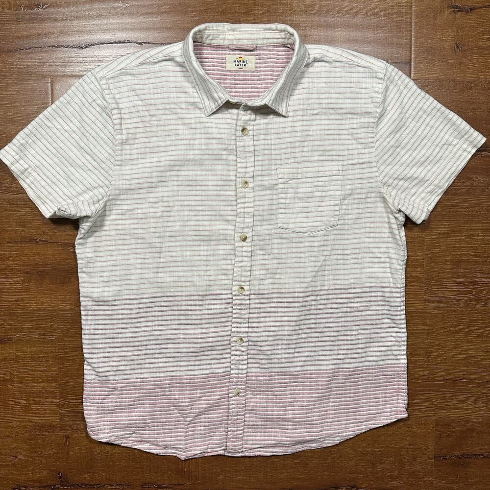 Marine Layer Button Up Shirt Mens L Ivory Pink Stripe Short Sleeve Beach City